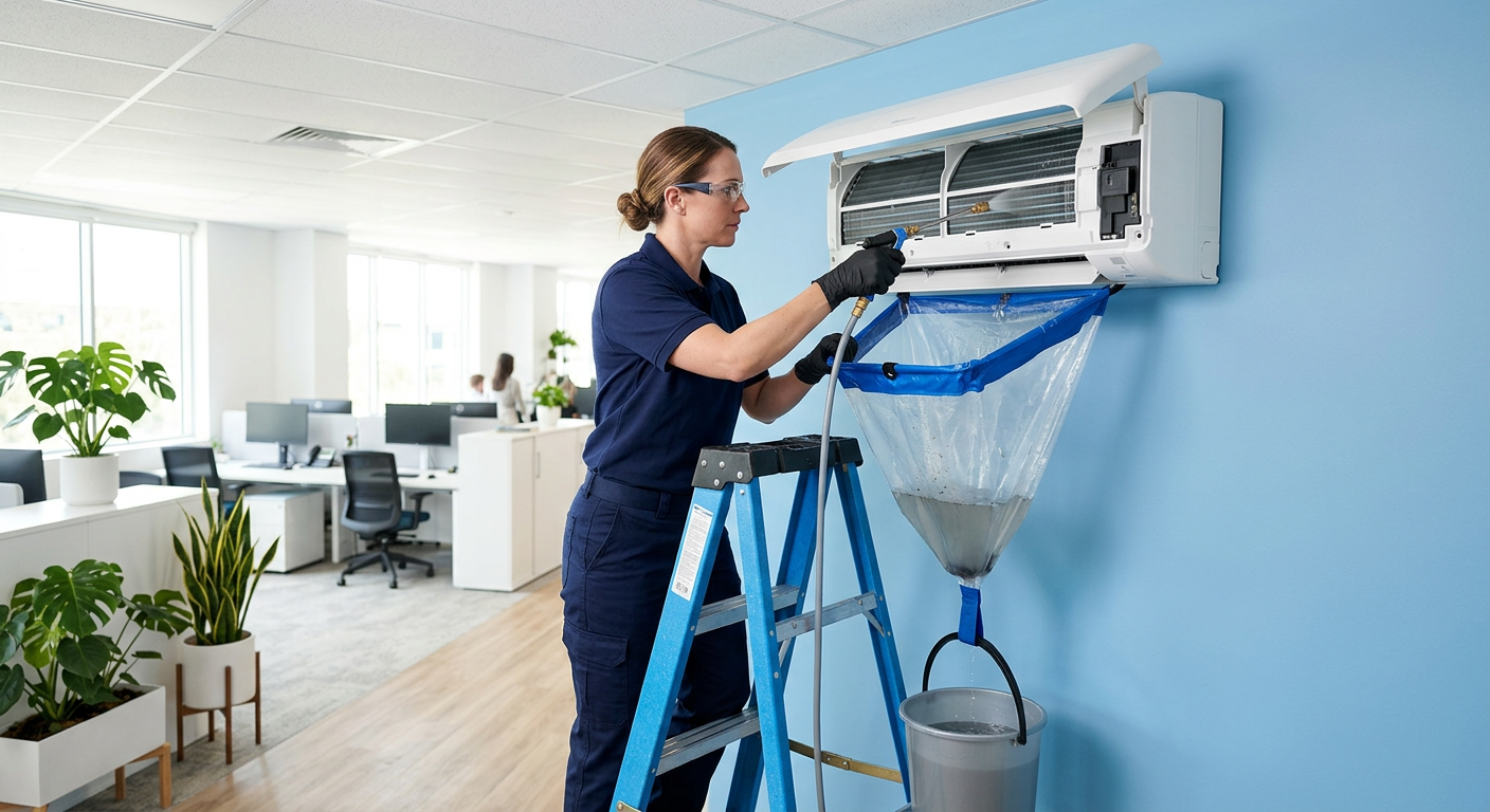 Technician cleaning and servicing a wall-mounted DX air-conditioning unit