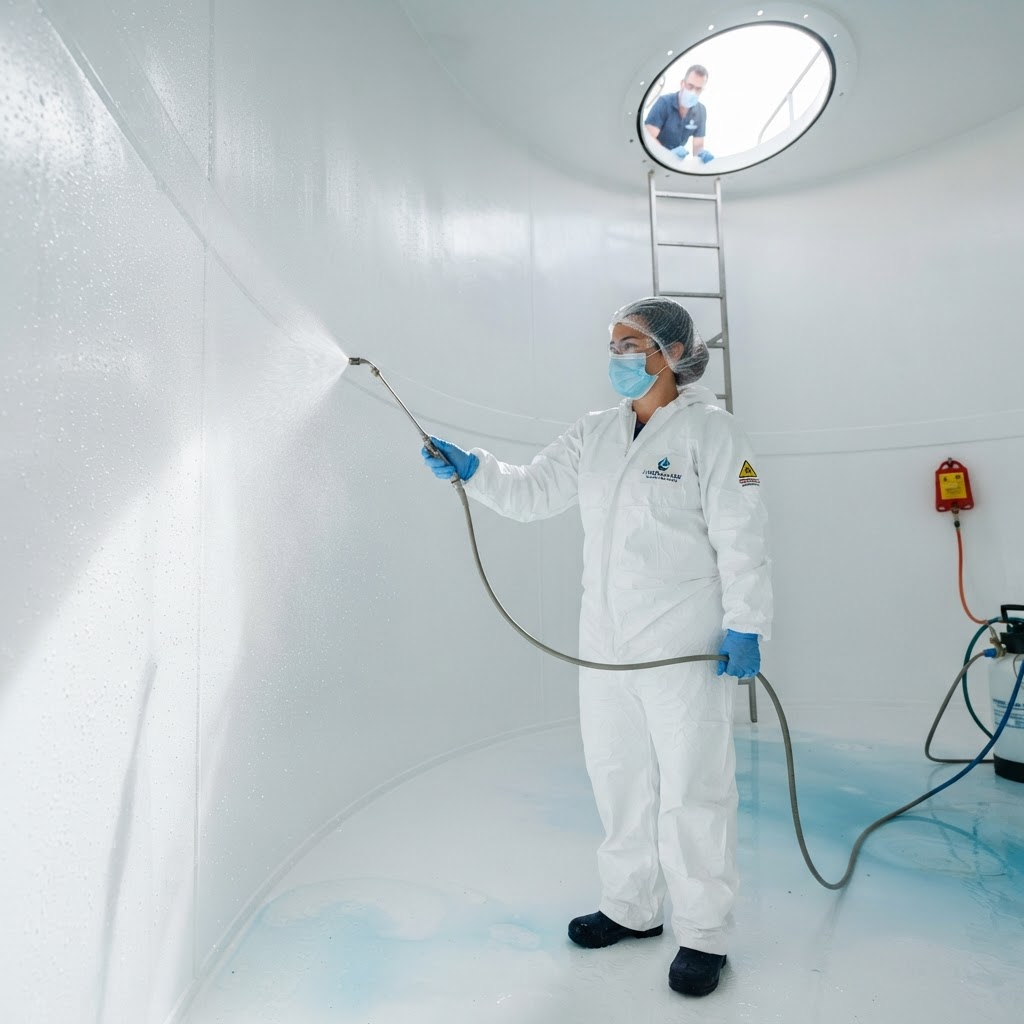 Technician disinfecting the interior of a clean water storage tank