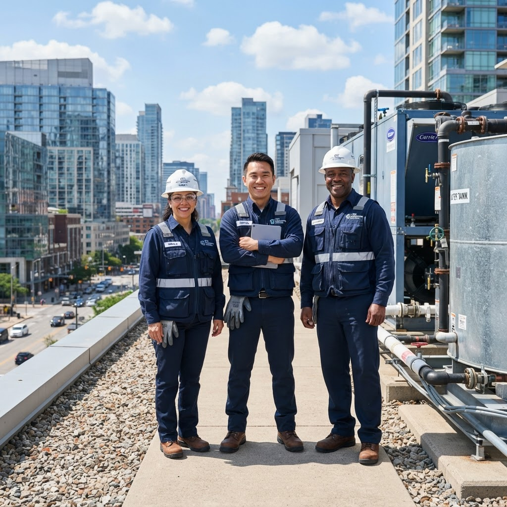 Servico engineering maintenance team on a building rooftop